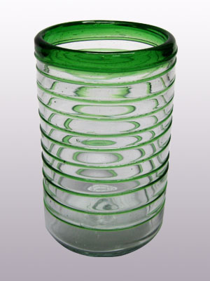 Vasos de Vidrio Soplado al Mayoreo / vasos grandes con espiral verde esmeralda / Éstos elegantes vasos cubiertos con una espiral verde esmeralda darán un toque artesanal a su mesa.